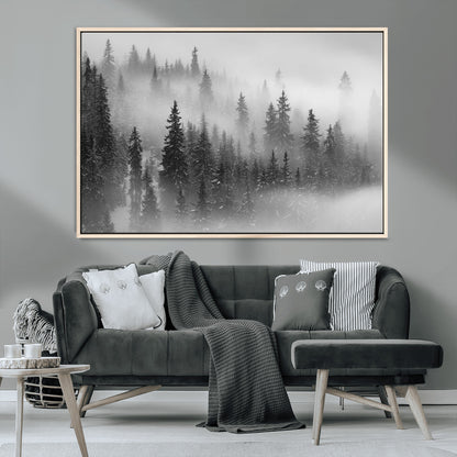 57235-MGV-CV-36X24-Misty Pine Forest Wall Art – Black and White Mountain Landscape Canvas Print, Nature Woodland Decor for Living Room, Bedroom or