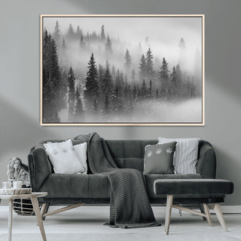 57235-MGV-CV-36X24-Misty Pine Forest Wall Art – Black and White Mountain Landscape Canvas Print, Nature Woodland Decor for Living Room, Bedroom or