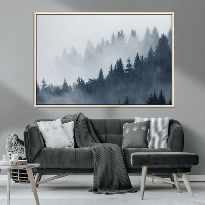 23671-MGV-CV-36X24-Misty Forest Wall Art – Serene Foggy Pine Trees Landscape Canvas Print, Tranquil Nature Decor for Living Room, Bedroom or Office
