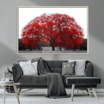 80021-MGV-CV-36X24-Red Tree Wall Art – Striking Black and White Landscape Canvas Print with Vibrant Red Leaves, Modern Nature Decor for Living Room