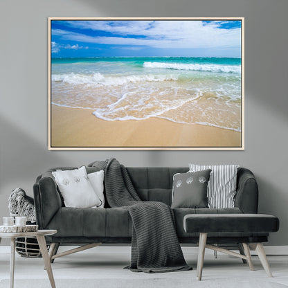 20660-MGV-CV-36X24-Ocean Wave Beach Wall Art – Serene Blue Sea and Sandy Shore Canvas Print, Coastal Landscape Photography Decor for Living Room or