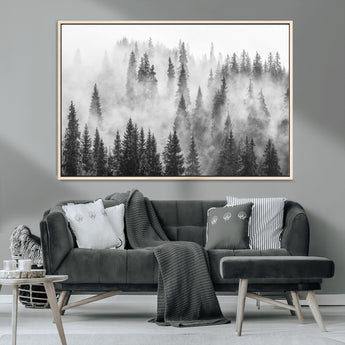10422-MGV-CV-36X24-Misty Pine Forest Wall Art – Black and White Foggy Landscape Canvas Print, Serene Nature Woodland Decor for Bedroom, Office or