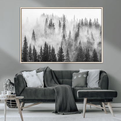 10422-MGV-CV-36X24-Misty Pine Forest Wall Art – Black and White Foggy Landscape Canvas Print, Serene Nature Woodland Decor for Bedroom, Office or