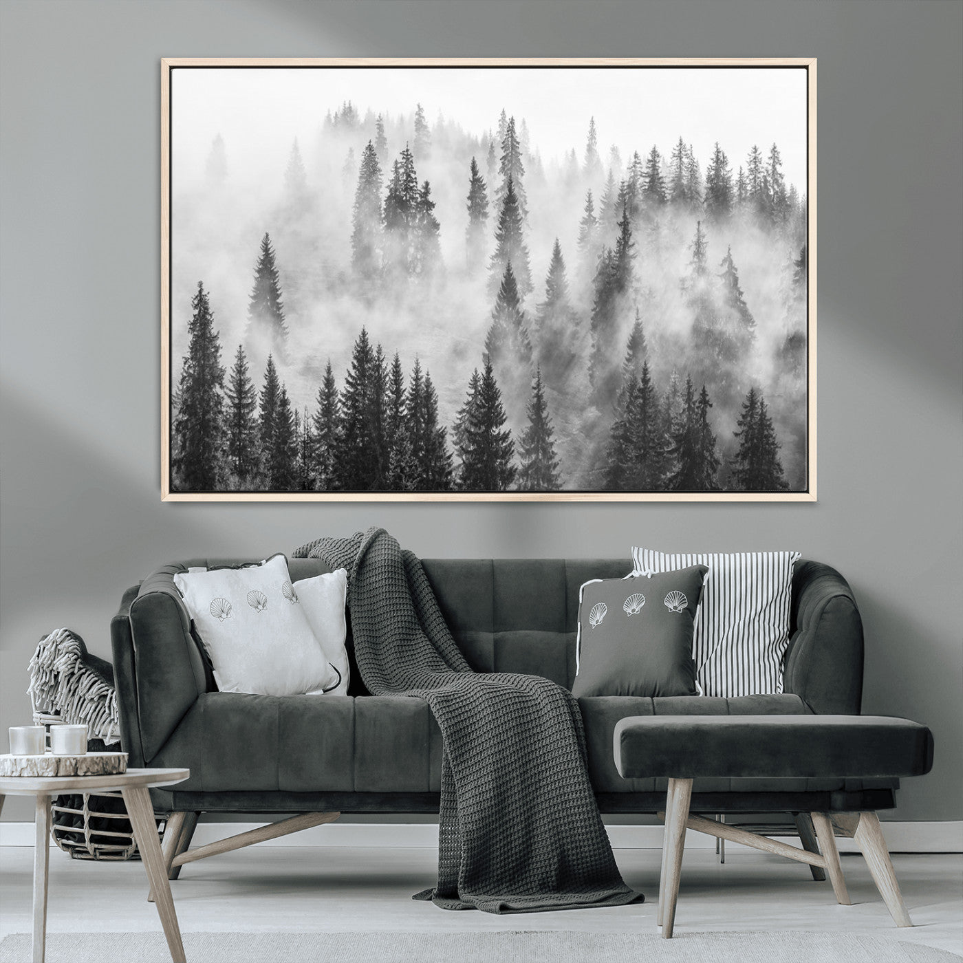 10422-MGV-FC-36X24_Natural-Misty Pine Forest Wall Art – Black and White Foggy Landscape Canvas Print, Serene Nature Woodland Decor for Bedroom, Office or