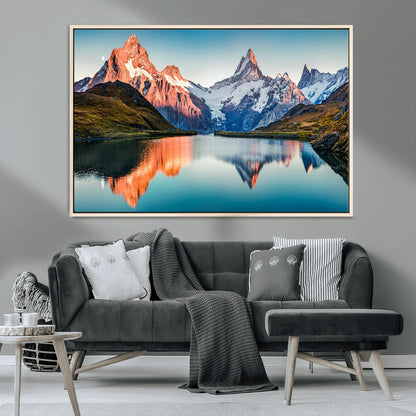 88453-MGV-CV-36X24-Mountain Lake Wall Art – Snow-Capped Peaks Reflected in Alpine Water Canvas Print, Nature Landscape Wall Decor for Living Room or