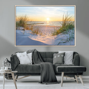 48907-MGV-CV-36X24-Beach Sunset Wall Art – Coastal Sand Dunes and Ocean View Canvas Print, Serene Seaside Landscape Painting for Living Room, Bedroom
