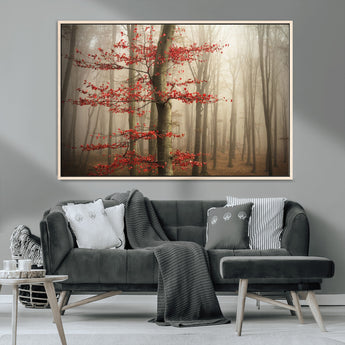 61855-MGV-CV-36X24-Misty Forest Wall Art – Red Tree with Autumn Leaves Canvas Print, Moody Woodland Nature Decor for Living Room, Bedroom, or Office