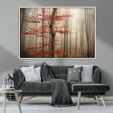 61855-MGV-CV-36X24-Misty Forest Wall Art – Red Tree with Autumn Leaves Canvas Print, Moody Woodland Nature Decor for Living Room, Bedroom, or Office