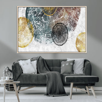 70653-MGV-CV-36X24-Abstract Tree Ring Wall Art – Modern Rustic Wood Slice Canvas Print with Gold Accents, Contemporary Nature Decor for Living Room,