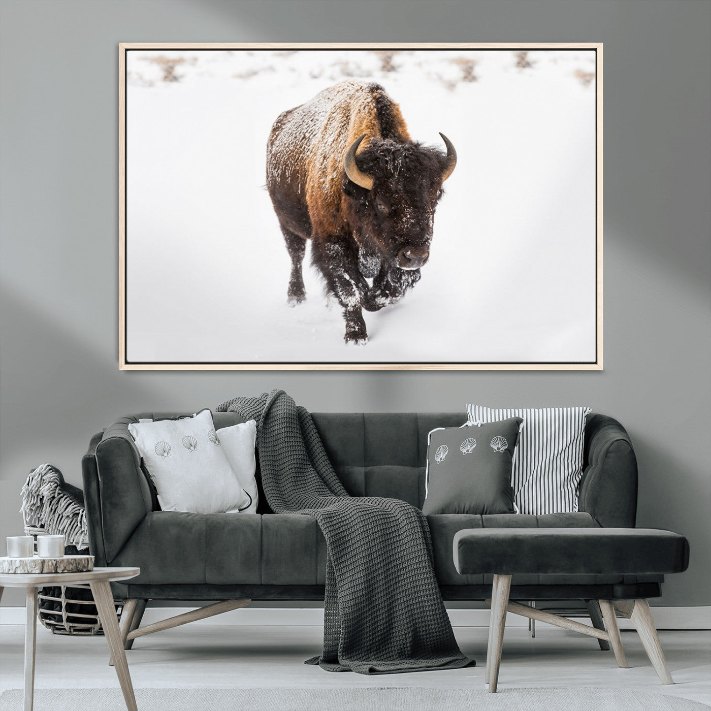 19889-MGV-CV-36X24-Snow Bison Wall Art – Majestic Buffalo Winter Landscape Canvas Print, Rustic Wildlife Photography Decor for Cabin, Lodge, Living