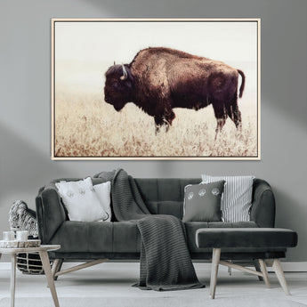 48406-MGV-CV-36X24-American Bison Wall Art – Rustic Buffalo Canvas Print in Prairie Field, Western Wildlife Photography Decor for Cabin, Lodge,