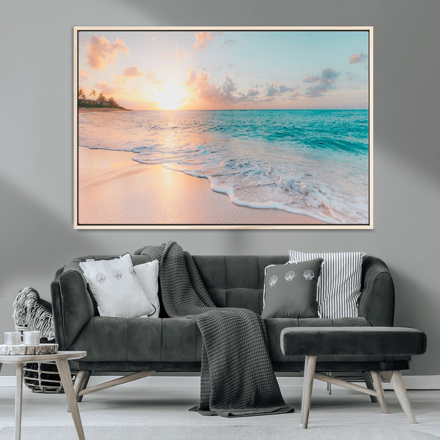 36554-MGV-CV-36X24-Tropical Beach Sunset Wall Art – Ocean Waves and Palm Canvas Print, Coastal Seascape Photography Decor for Living Room, Bedroom,