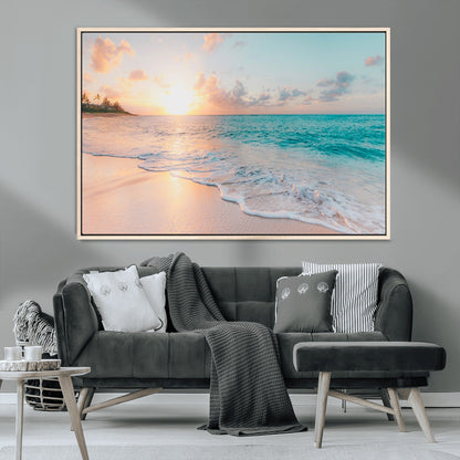 36554-MGV-CV-36X24-Tropical Beach Sunset Wall Art – Ocean Waves and Palm Canvas Print, Coastal Seascape Photography Decor for Living Room, Bedroom,