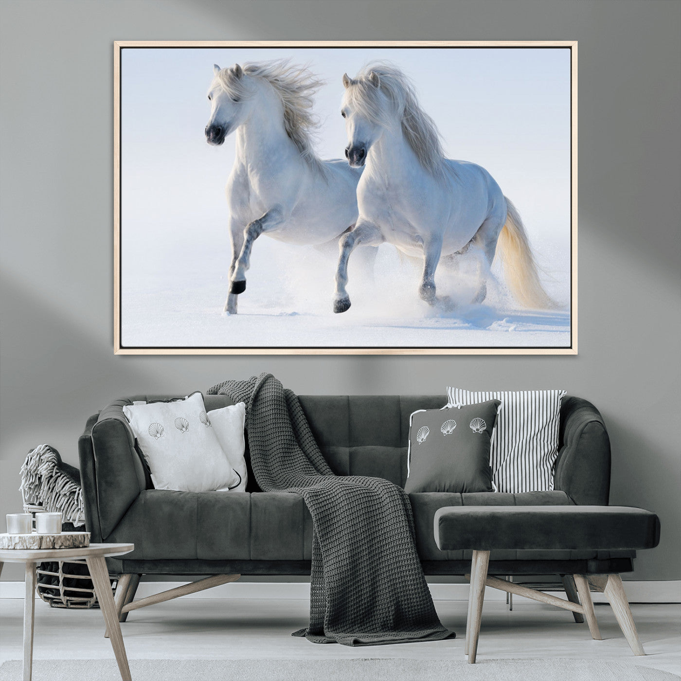 80145-MGV-CV-36X24-White Horses Running Snow Wall Art – Majestic Equine Canvas Print, Winter Nature Photography Decor for Living Room, Office,