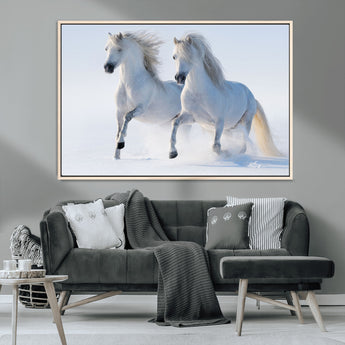 80145-MGV-CV-36X24-White Horses Running Snow Wall Art – Majestic Equine Canvas Print, Winter Nature Photography Decor for Living Room, Office,