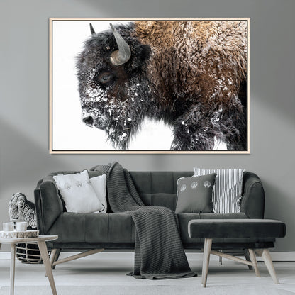 24304-MGV-FC-36X24_Natural-Bison Wall Art Canvas Print, Framed Winter Bison Art Picture Print, Snowy Buffalo Perfect Rustic Farmhouse Decor Artwork