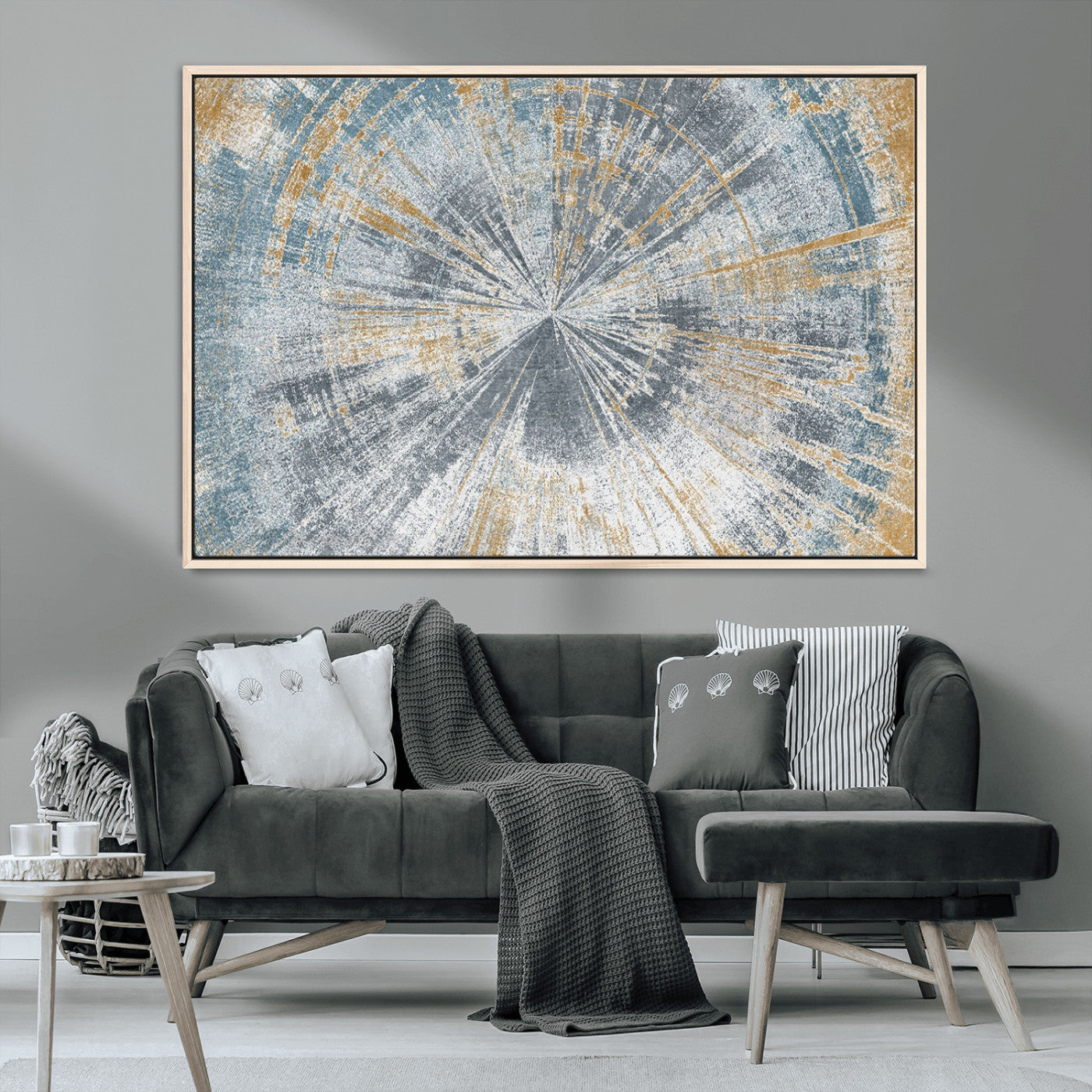 17631-MGV-CV-36X24-Radiant Burst Wall Art – Abstract Sunburst Canvas Print in Blue and Gold, Modern Geometric Painting for Living Room, Office or