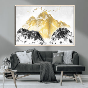 37733-MGV-CV-36X24-Golden Mountain Wall Art – Modern Abstract Landscape Canvas Print with Birds, Luxury Nature Decor for Living Room, Bedroom, or