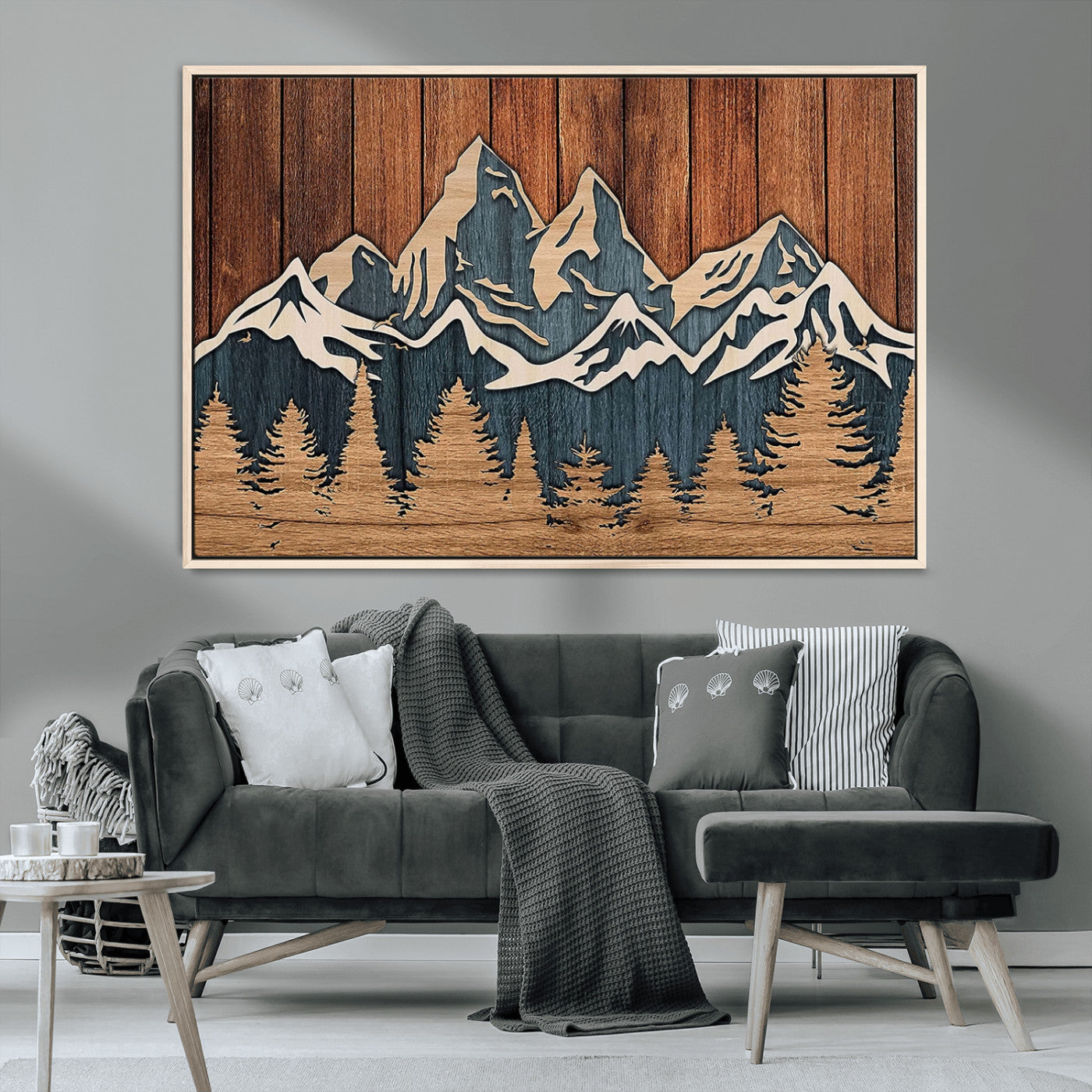 41330-MGV-CV-36X24-Rustic Mountain Wall Art – Wooden Nature Scene with Trees and Peaks, Handmade 3D Layered Decor for Living Room, Cabin or Office