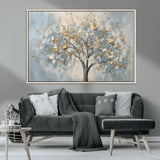 65811-MGV-CV-36X24-Abstract Tree Wall Art – Textured Canvas Painting with Gold and White Leaves, Modern Nature Inspired Decor for Living Room or
