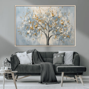 65811-MGV-CV-36X24-Abstract Tree Wall Art – Textured Canvas Painting with Gold and White Leaves, Modern Nature Inspired Decor for Living Room or