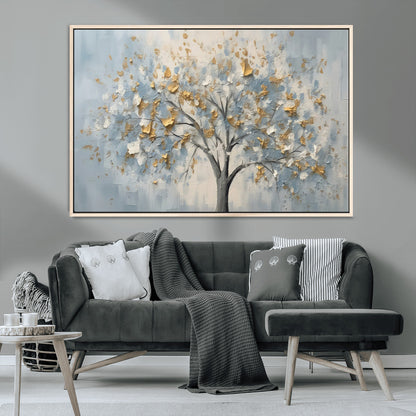 65811-MGV-CV-36X24-Abstract Tree Wall Art – Textured Canvas Painting with Gold and White Leaves, Modern Nature Inspired Decor for Living Room or