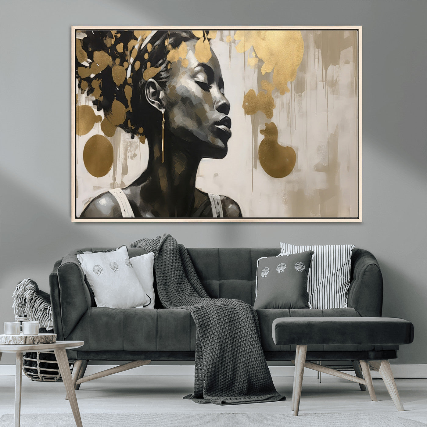 65669-MGV-CV-36X24-Elegant Black Woman Wall Art – Modern Abstract Portrait Canvas with Gold Accents, Contemporary Afrocentric Decor for Living Room