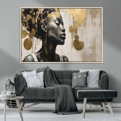 65669-MGV-CV-36X24-Elegant Black Woman Wall Art – Modern Abstract Portrait Canvas with Gold Accents, Contemporary Afrocentric Decor for Living Room