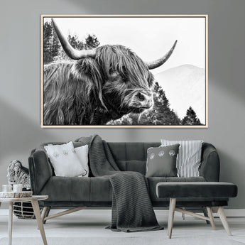 61570-MGV-CV-36X24-Highland Cow Wall Art – Black and White Scottish Bull Canvas Print, Rustic Farmhouse Animal Decor for Living Room, Bedroom, or