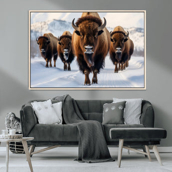 56701-MGV-CV-36X24-Bison Herd Wall Art – Buffalo Walking in Snowy Mountains Canvas Print, Rustic Wildlife Decor for Cabin, Lodge, or Living Room