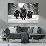 45287-MGV-CV-36X24-Bison Herd Wall Art – Black and White Buffalo Snow Road Canvas Print, Rustic Wildlife Decor for Cabin, Lodge or Living Room
