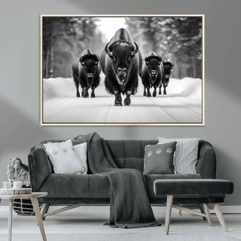 45287-MGV-CV-36X24-Bison Herd Wall Art – Black and White Buffalo Snow Road Canvas Print, Rustic Wildlife Decor for Cabin, Lodge or Living Room