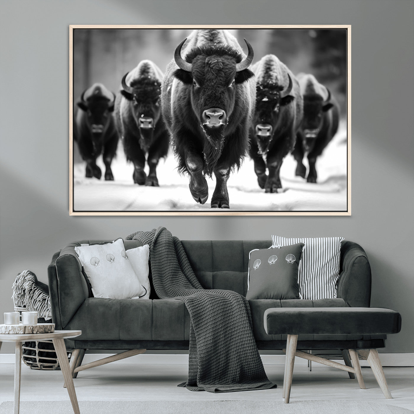 79872-MGV-CV-36X24-Bison Herd Wall Art – Black and White Buffalo on Snow Canvas Print, Rustic Wildlife Decor for Lodge, Cabin, or Living Room