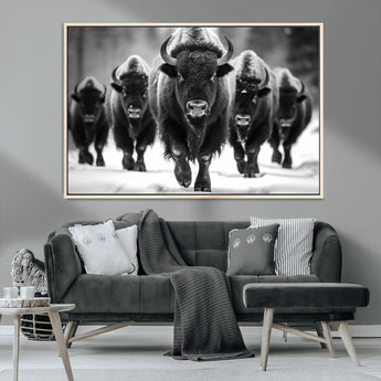 79872-MGV-CV-36X24-Bison Herd Wall Art – Black and White Buffalo on Snow Canvas Print, Rustic Wildlife Decor for Lodge, Cabin, or Living Room