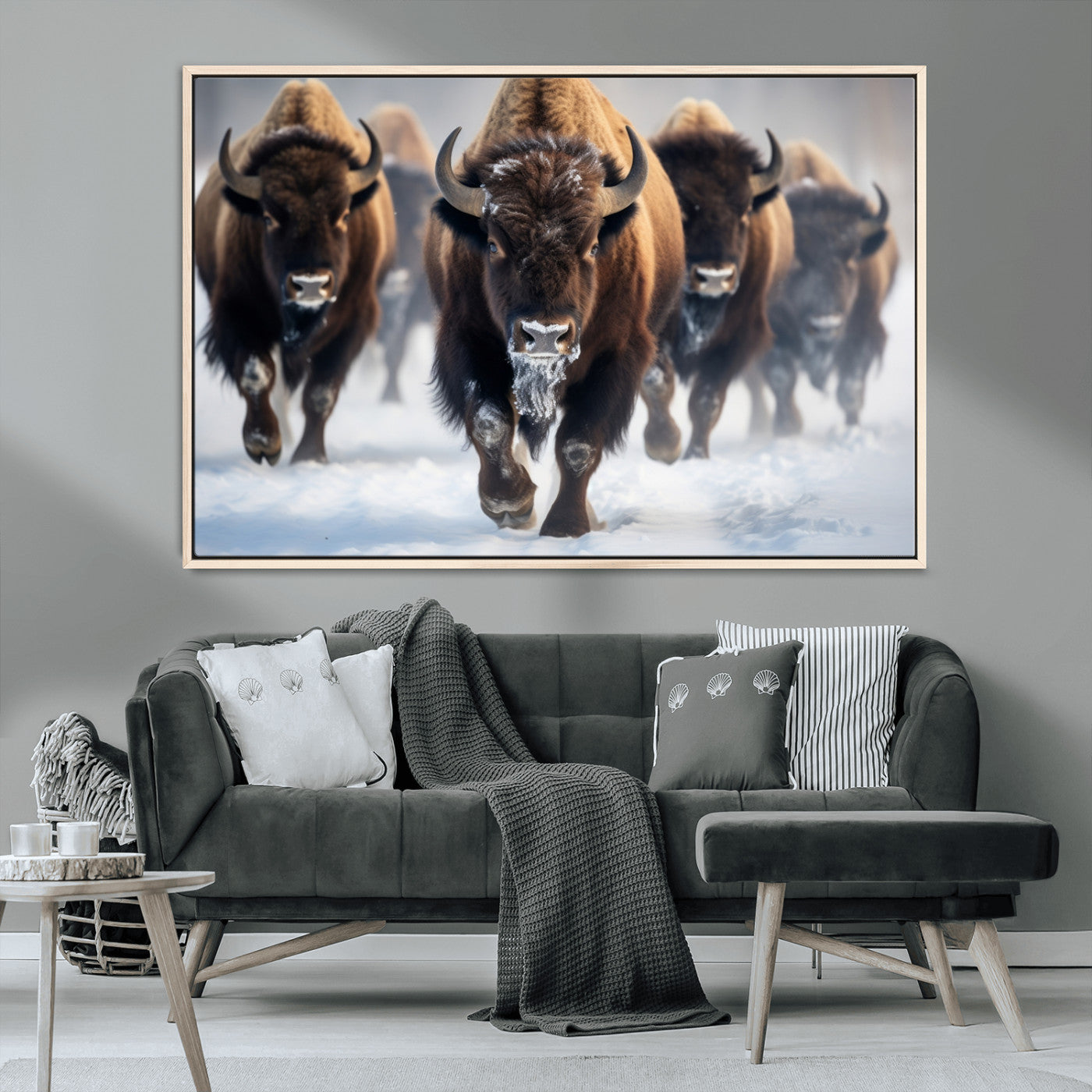 80512-MGV-CV-36X24-Bison Herd Wall Art – Buffalo Running in Snow Canvas Print, Rustic Wildlife Photography Decor for Cabin, Lodge, or Living Room