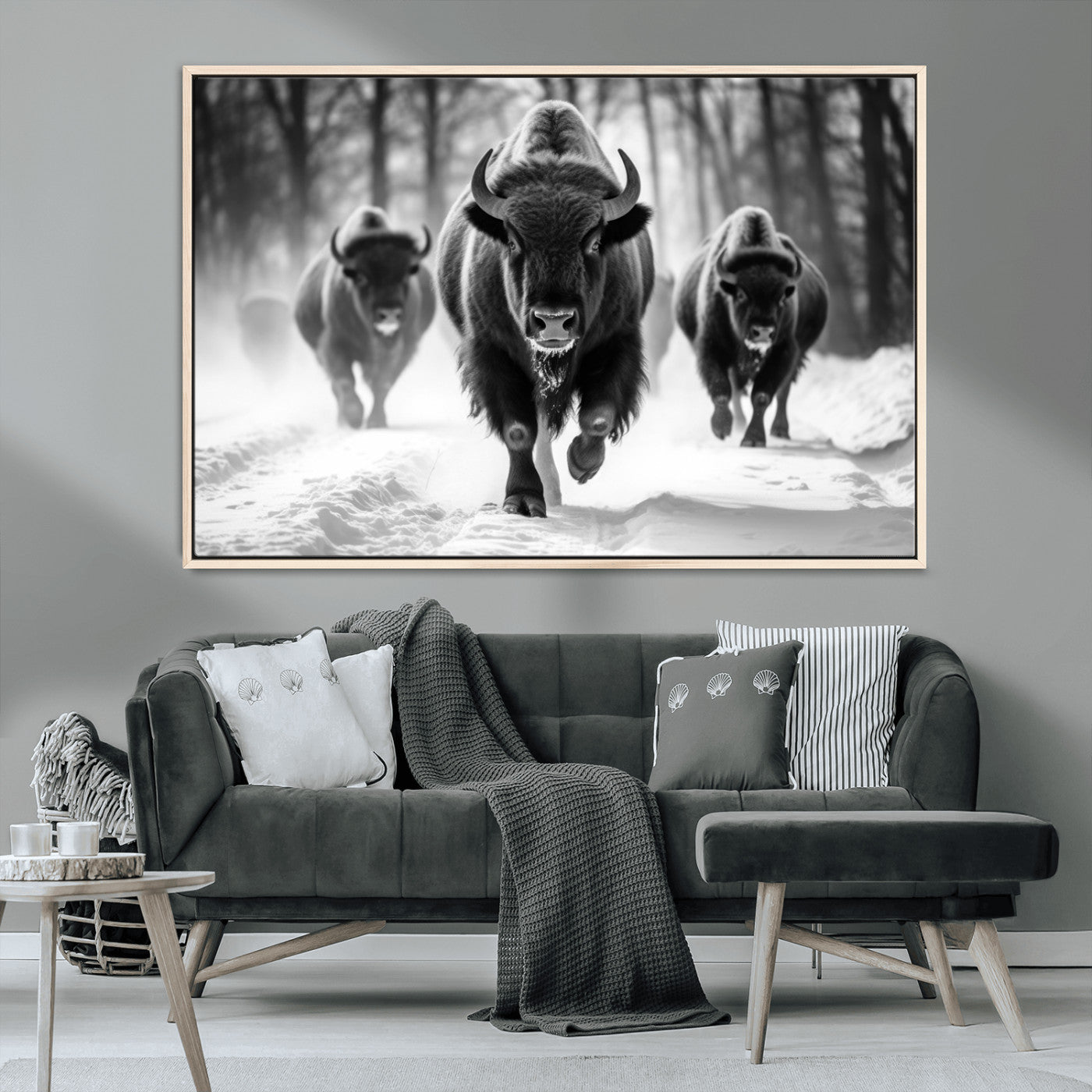 97552-MGV-CV-36X24-Black and White Bison Wall Art – Buffalo Herd Running in Snow Canvas Print, Rustic Wildlife Photography Decor for Cabin, Lodge, or