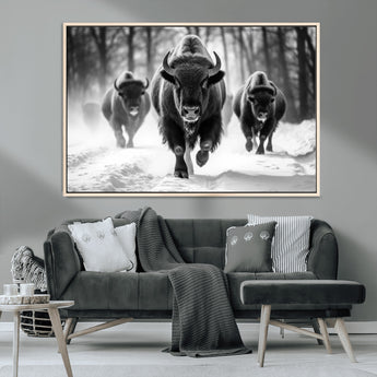 97552-MGV-CV-36X24-Black and White Bison Wall Art – Buffalo Herd Running in Snow Canvas Print, Rustic Wildlife Photography Decor for Cabin, Lodge, or