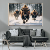 56549-MGV-CV-36X24-Wild Bison Wall Art – Majestic Buffalo Herd Running in Snow Canvas Print, Rustic Wildlife Photography Decor for Cabin, Lodge, or
