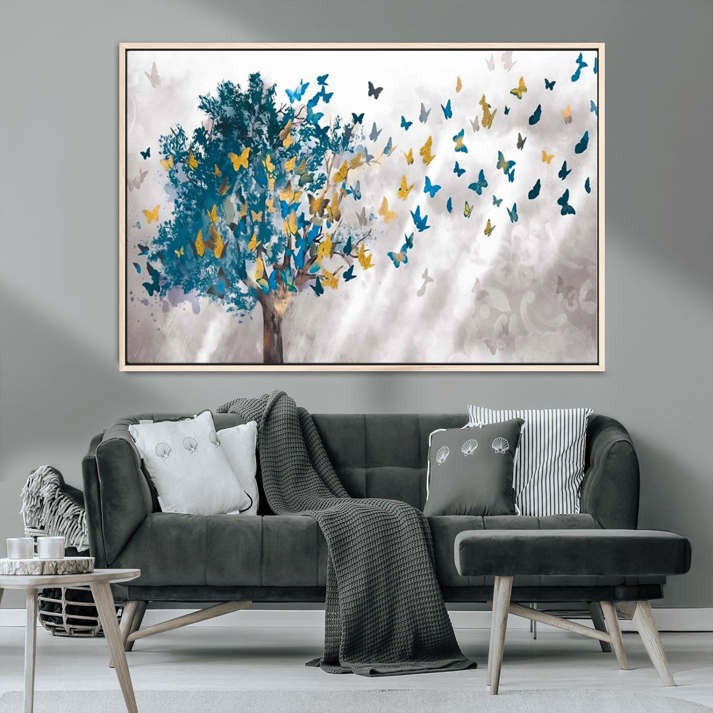37564-MGV-CV-36X24-Butterfly Tree Wall Art – Modern Nature Canvas Print with Blue and Golden Butterflies, Elegant Decorative Painting for Living Room