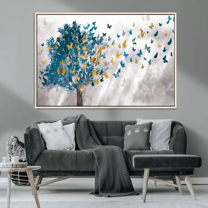 37564-MGV-CV-36X24-Butterfly Tree Wall Art – Modern Nature Canvas Print with Blue and Golden Butterflies, Elegant Decorative Painting for Living Room