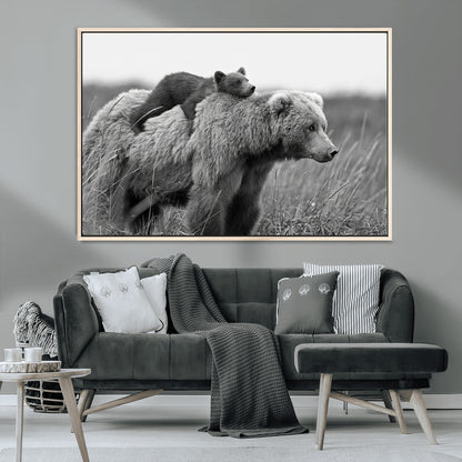 76338-MGV-FC-36X24_Natural-Mother Bear and Cub Wall Art – Black and White Wildlife Canvas Print, Rustic Nature Photography for Cabin, Living Room or Office