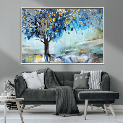 17018-MGV-CV-36X24-Abstract Blue Tree Wall Art – Colorful Canvas Painting with Gold and Silver Accents, Modern Nature Artwork for Living Room,