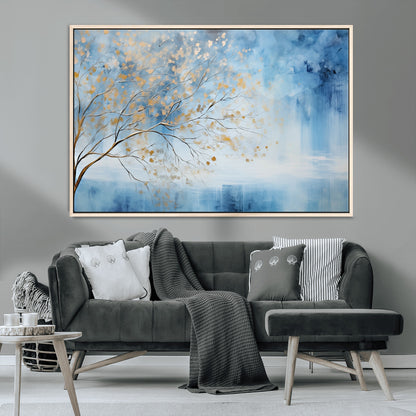 23891-MGV-CV-36X24-Abstract Tree Wall Art – Minimalist Blue and Gold Canvas Painting, Elegant Nature-Inspired Artwork for Living Room, Bedroom or