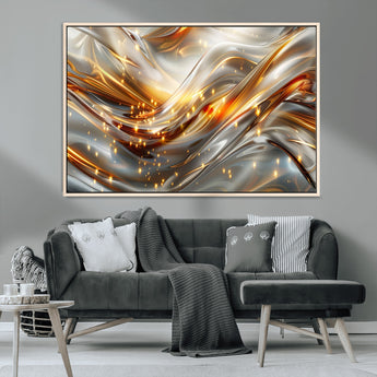 Lines1-MGV-CV-36X24-Abstract Metallic Wall Art – Silver and Gold Wave Canvas Print with Sparkling Accents, Modern Luxury Decor for Living Room, Office