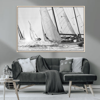 Boat-1-MGV-FC-36X24_Natural-Sailboat Racing Wall Art – Nautical Black and White Canvas Print, Ocean Adventure Decor for Office, Living Room or Bedroom