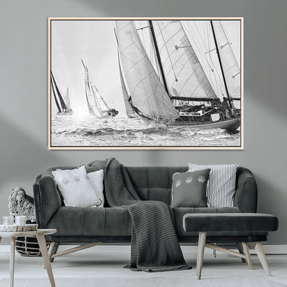 Boat-1-MGV-FC-36X24_Natural-Sailboat Racing Wall Art – Nautical Black and White Canvas Print, Ocean Adventure Decor for Office, Living Room or Bedroom