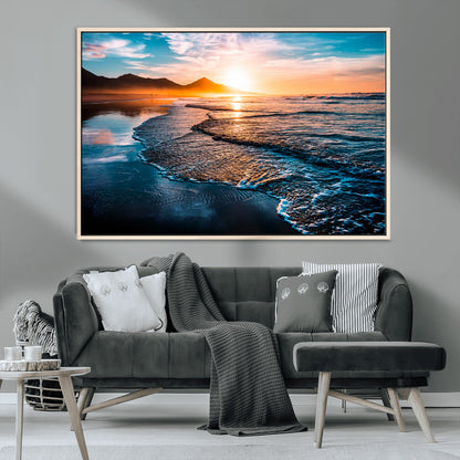 26494-MGV-CV-36X24-Ocean Sunset Wall Art – Scenic Beach Canvas Print with Waves and Mountains, Coastal Seascape Photography for Living Room, Bedroom