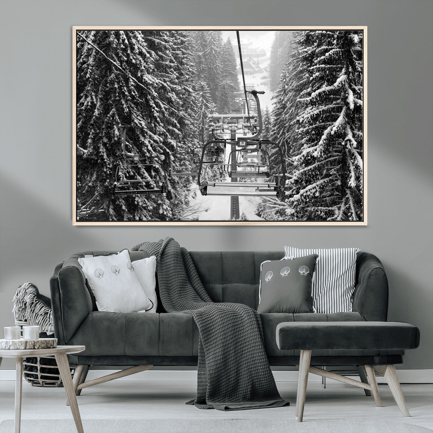19240-MGV-CV-36X24-Ski Lift Wall Art – Black and White Winter Mountain Canvas Print, Snowy Forest Ski Resort Photography for Cabin, Lodge, Office or