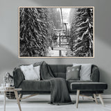 19240-MGV-CV-36X24-Ski Lift Wall Art – Black and White Winter Mountain Canvas Print, Snowy Forest Ski Resort Photography for Cabin, Lodge, Office or