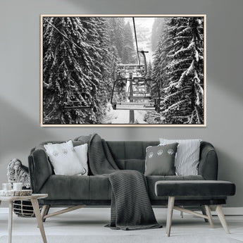19240-MGV-CV-36X24-Ski Lift Wall Art – Black and White Winter Mountain Canvas Print, Snowy Forest Ski Resort Photography for Cabin, Lodge, Office or
